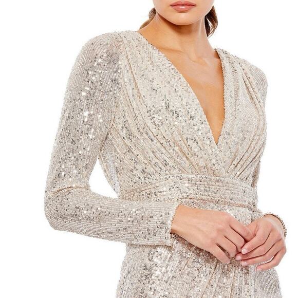 Ieena Mac Duggal Sequin Evening Gown White Champagne Leg Slit Size 16 - Picture 9 of 11